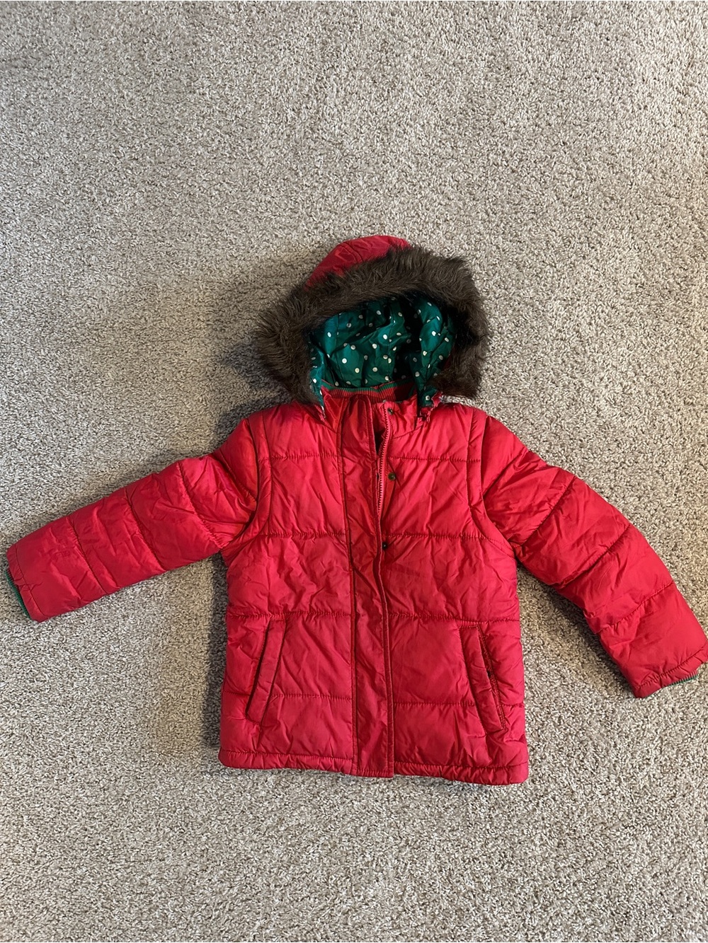 Mini Boden Hooded Puffer Jacket with Faux-Fur Trim Removable Sleeves/Hood/Trim